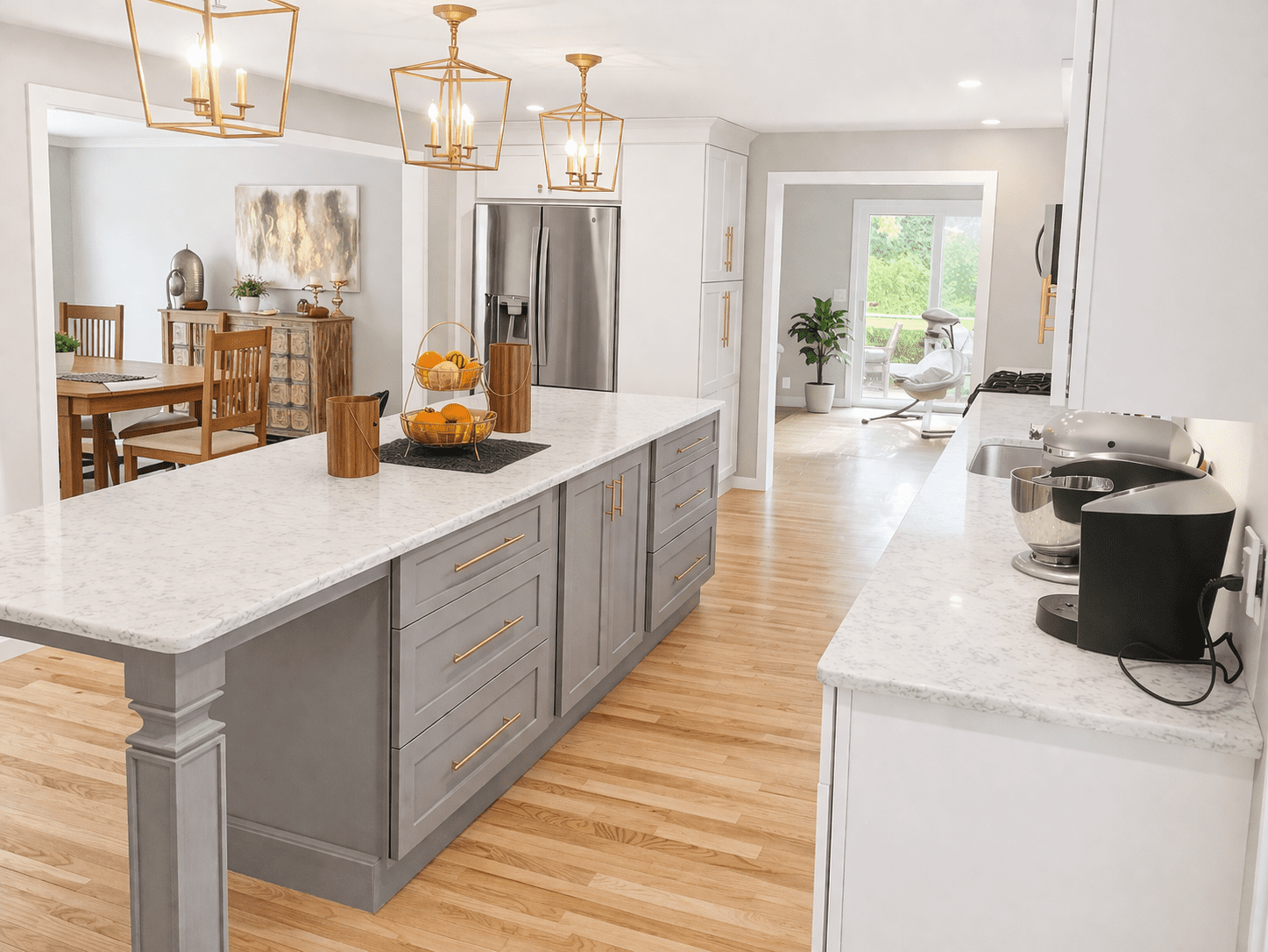 Bright kitchen featuring marble countertops